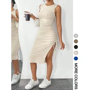 Women's Knitted Sleeveless Tight Fit Split Thigh Dress, graduation dress ,prom dress,Casual Ruched Drawstring Midi Dress, Slim-Fitting Plain Knit Dress