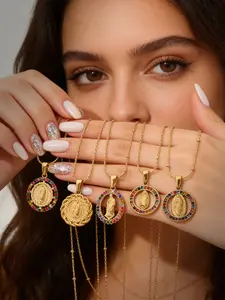 Colorful Virgin Mary Pendant Necklace, 18k Gold Plated Stainless Steel, Sparkling Crystal Halo Design, Religious Meaning & Fashion Quality, High End Necklace