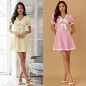 RIBBON BOW CUTESY SHORT DRESS - RIBBON DETAILS - PUFF SHOULDER SHORT SLEEVE - ZIPPER ON THE BACK