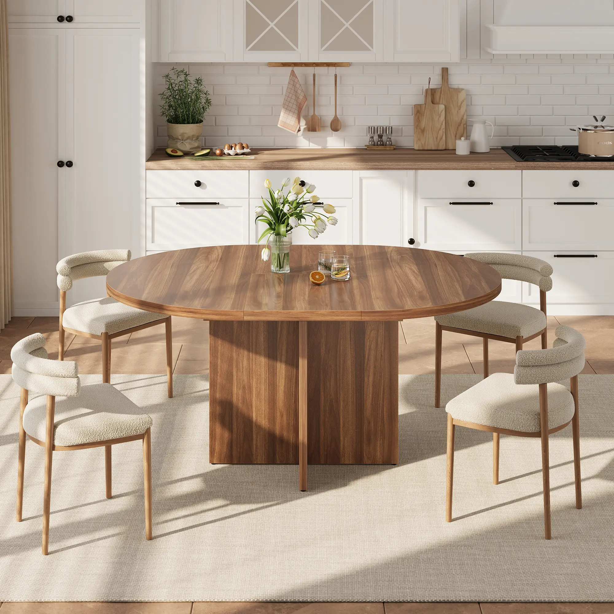 Modern Black Wood Grain Round Shape Dining Table - Space-Saving Extendable with Removable Leaf, Cross Base, Removable Parts, Ideal for Dining & Living Room, Extendable Leaf