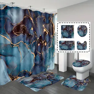 1pc/4pcs, bathroom curtains shower, bathroom set, shower curtains, bathroom rug, home decoration, Bathroom Decoration Accessories, bathroom mat, blue marble pattern, simple and luxurious theme decoration, with 12 hooks, Bathroom Accessory