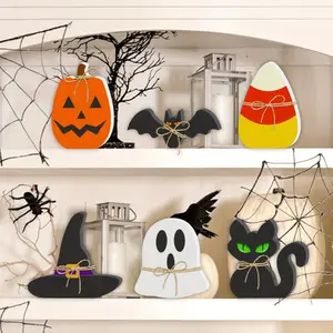 6pcs Halloween Wooden Decorations - Halloween Wooden Signs, Including Pumpkins, Ghosts, Bats,  Individual Table Signs, Halloween Stacked Tray Decorations, Suitable for Country Style Farmhouse Home Fir Ornaments.Smiling Ghost Pumpkin Bucket Statue