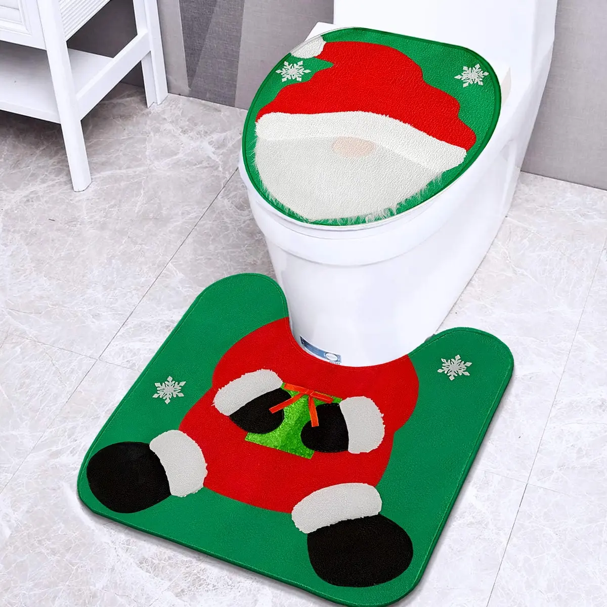 2 Piece Faux Cashmere Bathroom Mat Set - Christmas Green Background with Playful Santa Pattern, Soft & Anti-Slip, Suitable for Bathroom & More, Fun & Creative Santa Design