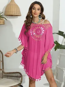 Women's Fringe Hollow Out Asymmetrical Neck Cover Up, Boho Style Half Sleeve Breathable Crochet Material Cover Up For Beach Vacation Holiday for Women, Ladies Summer Clothing, Beach Cover Ups