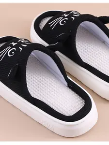 Cool Cute Cat Thick Sole Slippers, Lightweight Soft Waffle Texture, 3D Cat Ear & Embroidery Design, Eva Sole, Anti-Slip Breathable Summer Shoes