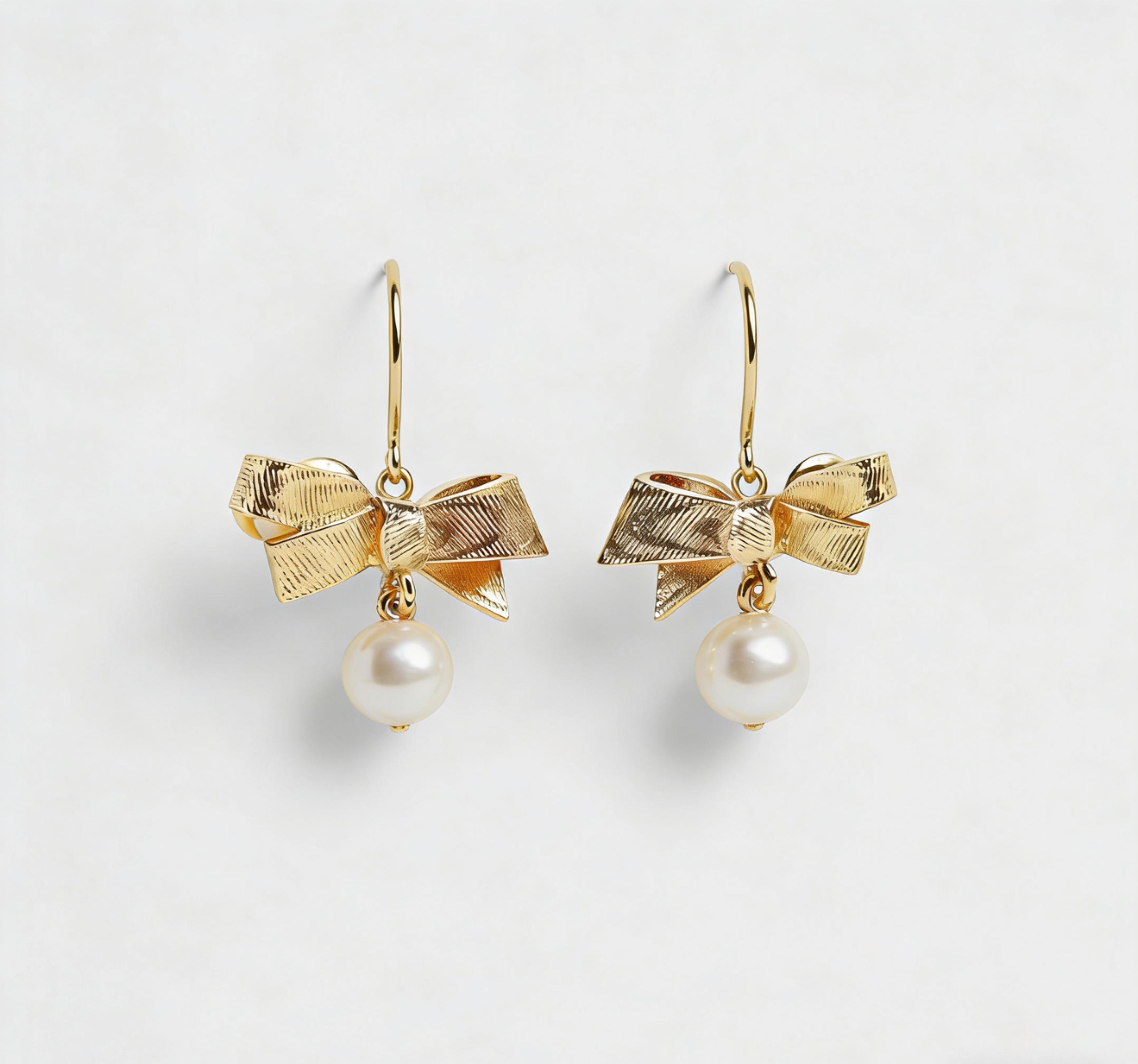 Tewiky Gold Cubic Zirconia Bowknot Glass Pearl Drop Stud Earrings for Women, Elegant Dainty Bow Pearl Earrings, Fashion Jewelry Gift