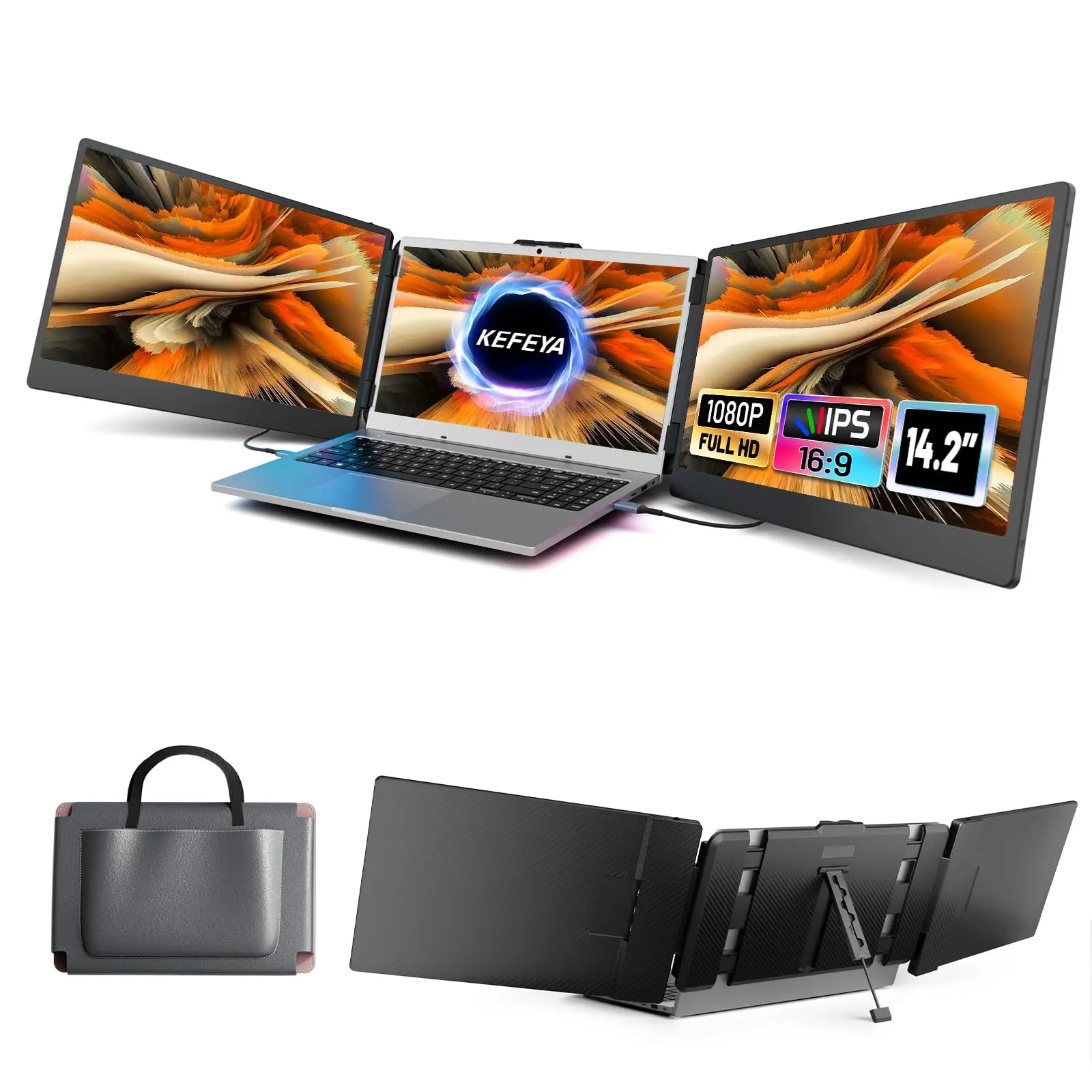 KEFEYA Laptop Screen Extender, 14.2" Portable Triple Monitor for Laptop with Full HD IPS FHD Display, Monitor Extender Compatible with Mac, Windows, Chrome, Fits 13-17 Inch Laptops summerwins computer accessory,summerwins