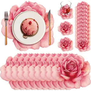 200 Pcs Pink Floral Paper Placemats and Coasters Spring Summer Flower Table Mat Disposable Rose Flower Placemat for Tea Party Wedding Bridal Baby Shower Birthday 13''