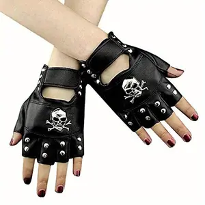 Skull Studded Punk Rock Biker Driving Women's Leather Fingerless Gloves One Size