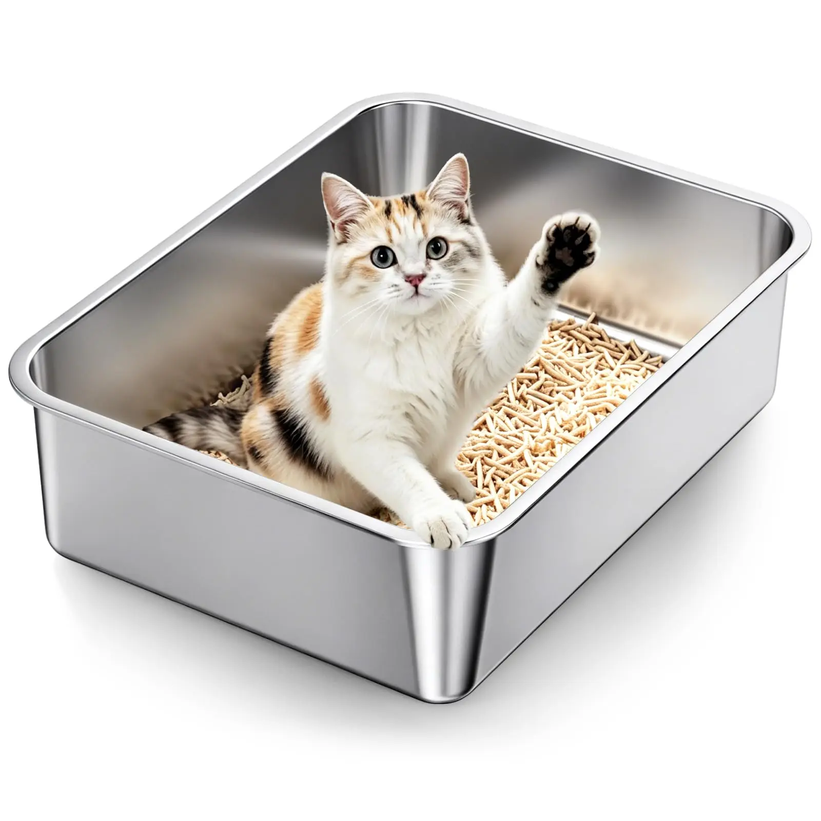 Stainless Steel Cat Litter Box - High-Sided Non-Stick Metal Litter Pan with 1-Piece Rust-Resistant Design, Easy-to-Clean for Kittens & Medium Cats