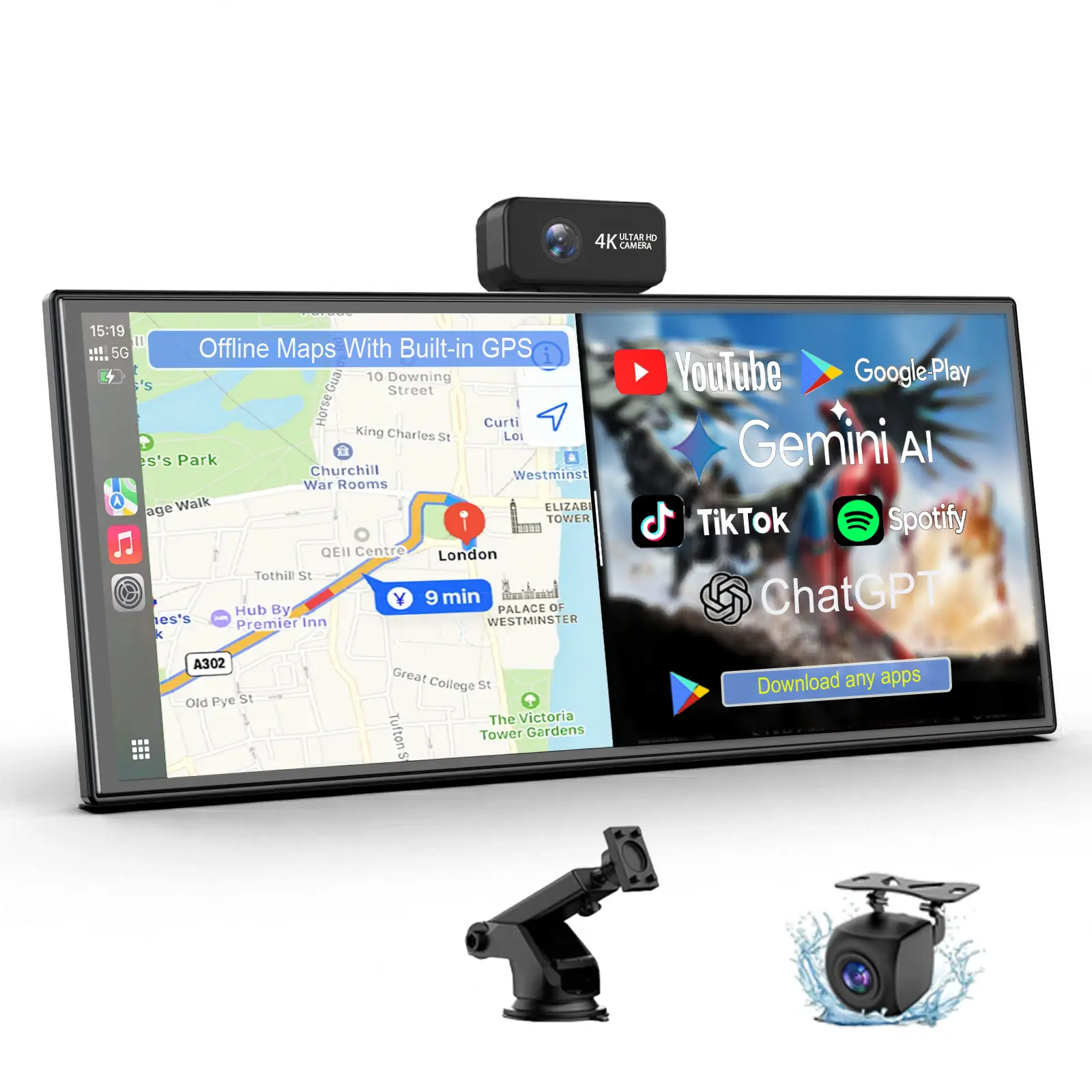 10.25"AI Car Screen,Gemini+Built-in offline GPS+Google Play Store for Apps,4K Front & 1080P Reverse Cameras, Not Just CarPlay - Open Android 15 4GB+64G  No More Phone Battery Drain While Driving