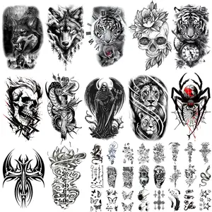 36 Sheets Temporary Tattoos Stickers, 12 Sheets Fake Body Arm Chest Shoulder Tattoos for Men or Women with 24 Sheets Tiny Black Tattoos Halloween Sleeve Teens Water Proof