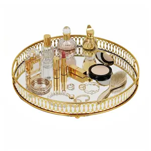 Round Gold Electroplated Iron & Glass Serving Tray, 12.6 Inch Mirrored Vanity Tray for Perfume, Cosmetics, Jewelry Storage, Bathroom Coffee Table Home Office Decorative Tray,summervibes