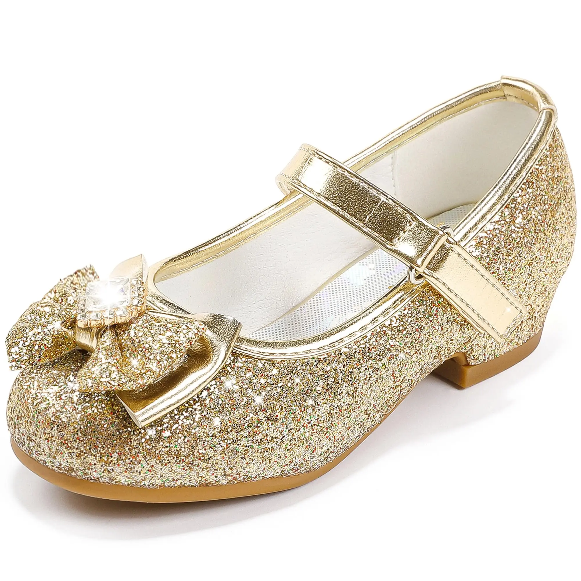 Little Girl Dress Shoes - Girls Mary Jane Heels with Glitter, Round Toe, Adjustable Strap, Secure Bow Seams for Toddler Wedding Bridesmaids Princess Events, Formal, Girls Shoes