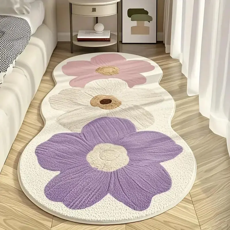 Modern Creamy Wave Edge Rug, Soft Washable Floral Carpet for Living Room Bedroom, Sweet French Style Home Decor, Floral Textured Rug