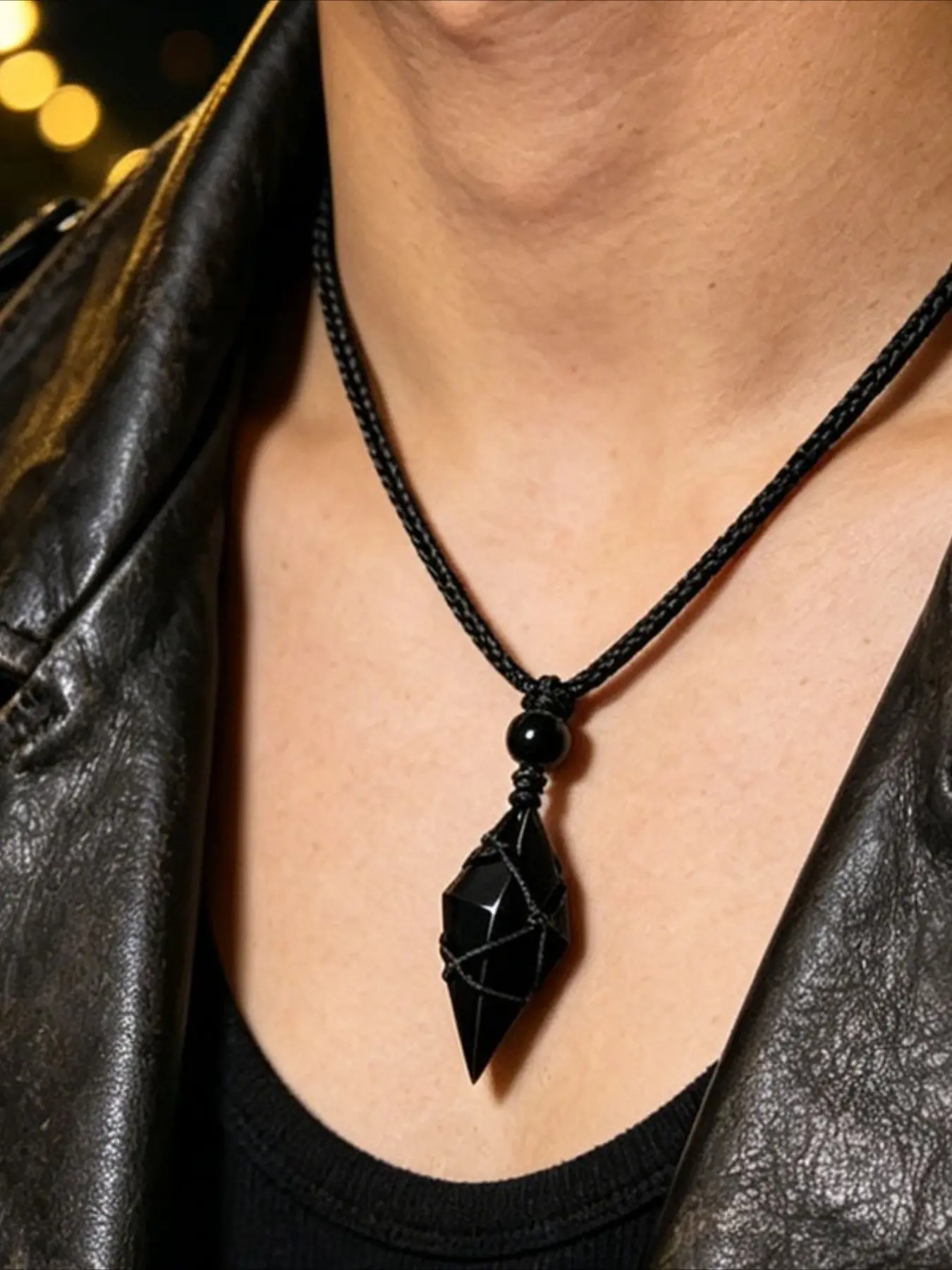 Bohemian natural obsidian woven pendant for men and women universal adjustable retractable handmade necklace casual all-matching holiday gift