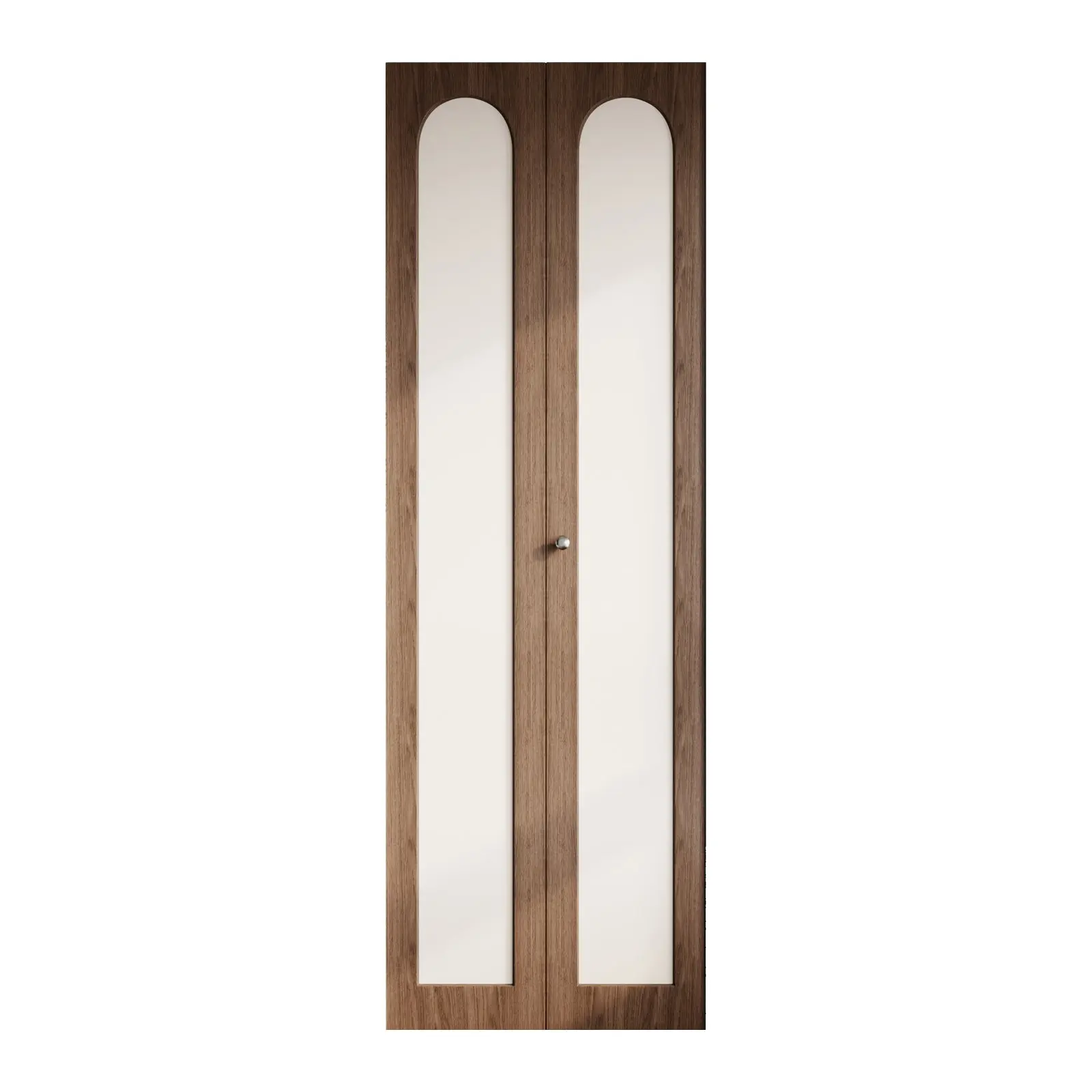 Dark Walnut Arched PVC Bi-Fold Closet Door with Leather Accent Panel, Installation Hardware Included