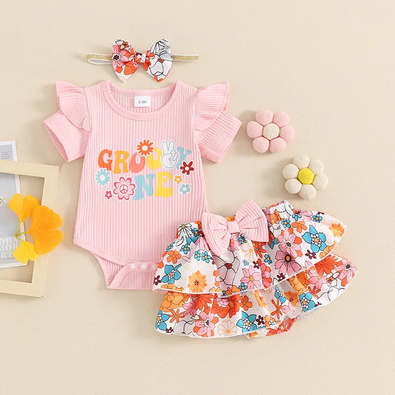 Baby Girl 3-Piece Summer Gift Set - Soft Cotton Blend Clothes for Girls, Round Neck Short Sleeve Ribbed Romper, Floral Print Shorts, Bow Accents Headband Toddler Outfits, Three-Pieces