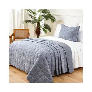 Navy Quilts Twin Quilt, Cotton Twin Quilt Bedding Set,2-Pieces Quilted Bed Spread with Blue Stripe Coverlet Light Weight Navy Bedspread with 1 Pillow Sham