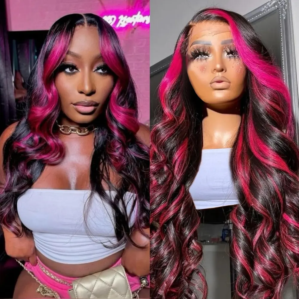 Highlight Ombre Lace Front Wig Human Hair 13x6 Body Wave 1B/Pink Colored Lace Front Wig Human Hair Pre Plucked With Baby Hair Black And Pink Wig Human Hair 180% Density 34 Inch Skunk Stripe Wig