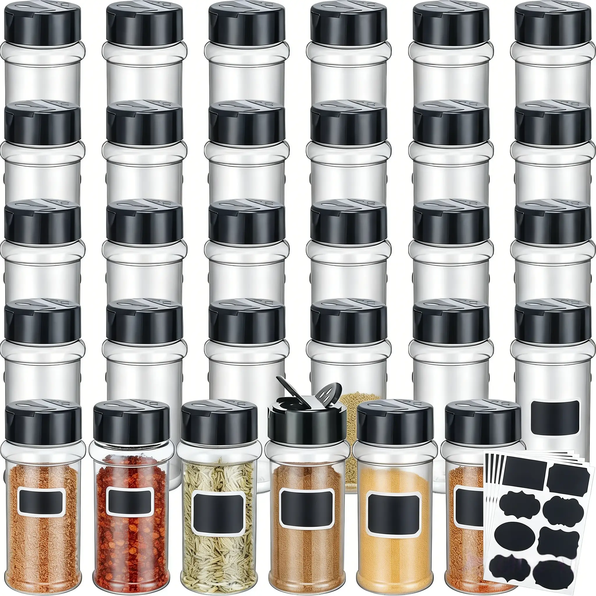 【Summervibes】36 Pack 3 oz Clear Plastic Spice Jars with 5pcs Label and Shaker Lids Empty Spice Bottles Seasoning Containers Seasoning Jars Shaker Condiment Pots for Pepper Herbs Powders(Black)