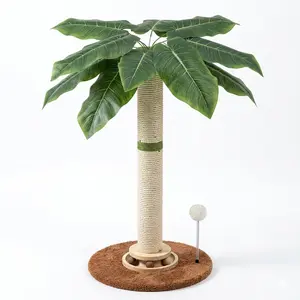 Tropical Leaf Cat Scratching Post 28", Natural Sisal Rope & Solid Wood, Cute Cat Tree with Dangling Toy, Pet Safe Indoor Cat Scratcher for Kittens & Adults
