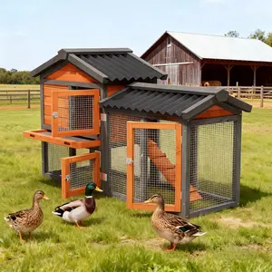 Predator Proof Outdoor 2 Story Duck Coop with Weatherproof Brooder,Duck Hutch with Wire Mesh Run,58",Orange with Black