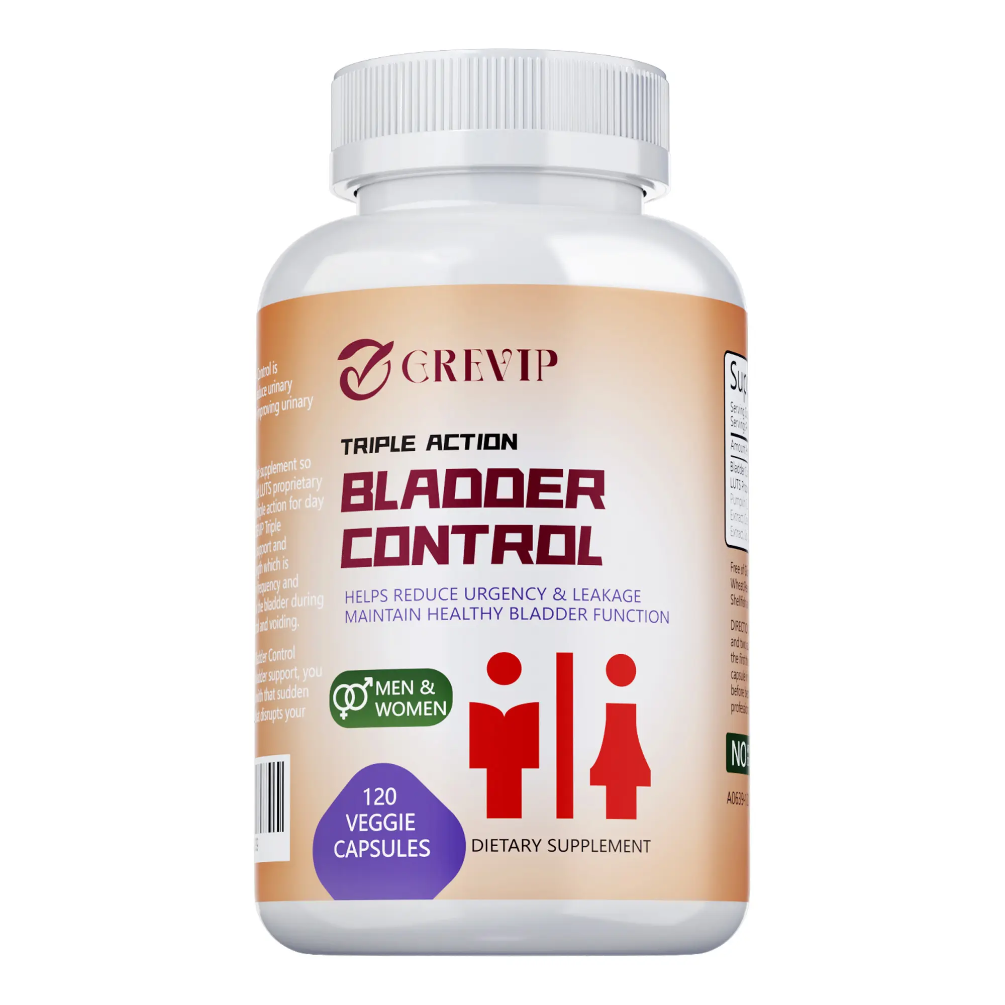 GREVIP Triple Action Bladder Control Dietary Supplement - Reduces Urgency, Supports Bladder Health - Unisex Vegetarian Capsules