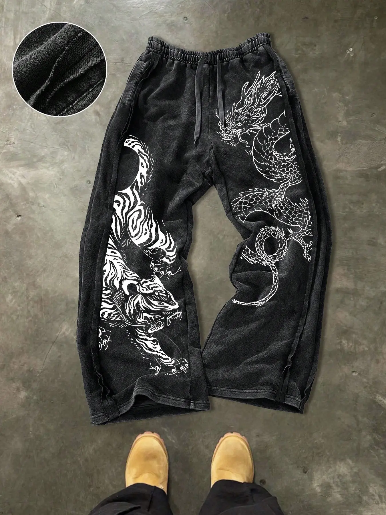 Men's Casual Loose Cotton Sports Pants, Casual Athletic Trousers, Casual Sporty Trousers, Dragon Tiger Print, Street Style, Athleisure Style Bottoms, Drawstring Waist, Ankle Length, Ideal for Outdoor & Holidays