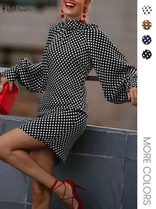 Women's Polka Dot Print Bishop Sleeve Dress, Elegant Long Sleeve Stand Collar Short Dress for Party Holiday Wedding Guest, Wedding Attire, Ladies Fall & Winter Clothes, Womenswear