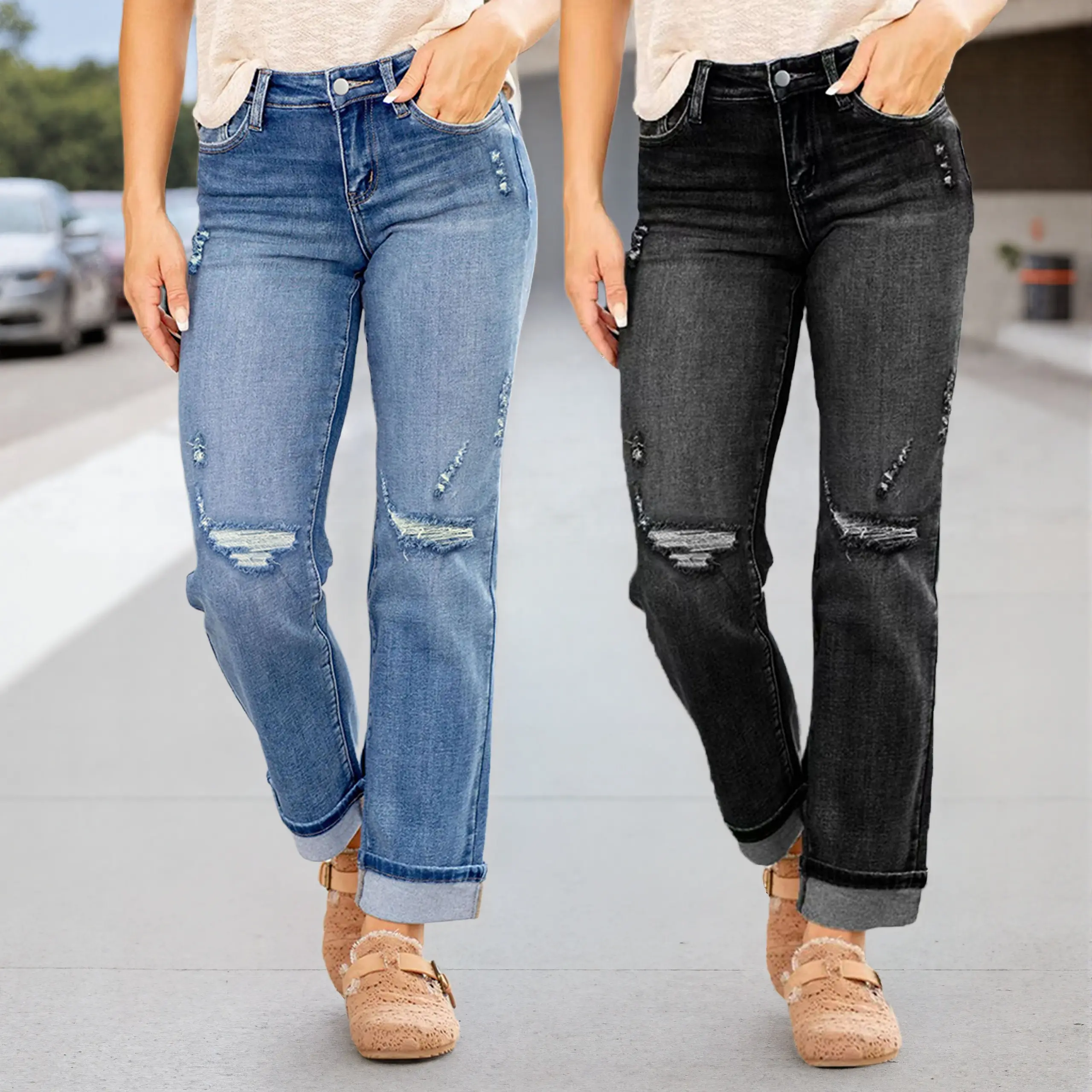 Women's Stretch Fitted Ripped Jeans High Rise Boyfriend Straight Leg Cuffed Jeans for Trendy Look & Comfortable Everyday Wear - Bottom, Womenswear