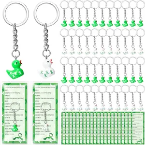 Equsion 50 Sets Green Ribbon Duck Keychain Bulk Mini Resin Duck Keychains with Inspirational Card Ducks Chains Charms Mental Health Awareness Gifts for Public Charity Activities Supplies Event Favors
