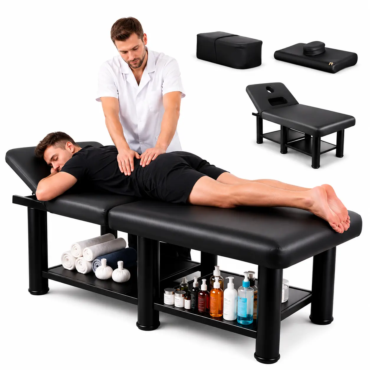 Sturdy Wide Fixed Massage Bed - Metal Frame, PU Leather Top, Removable Headrest, Adjustable Backrest, Detachable Breast Cushion, Waterproof, Oil Resistant, Easy to Clean, 1150 lbs Capacity, Promotes Blood Circulation for Beauty Salons, Durable, Large Capa
