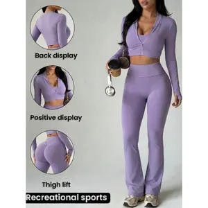 Women's 3 Piece Activewear Set, Long Sleeve Zip Crop Top, Sports Bra and High Waist Flare Leggings in Purple