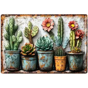 2D Flat,1pc Gardening Gifts Vintage Garden Mental Tin Signs Cactus Plant Flower Printing for Home Yard Greenhouse Outdoor Decoration (8x12 Inch) Matte Metal wall art metal wall sign Vintage Metal Tin Sign home decor plaque funny bar sign