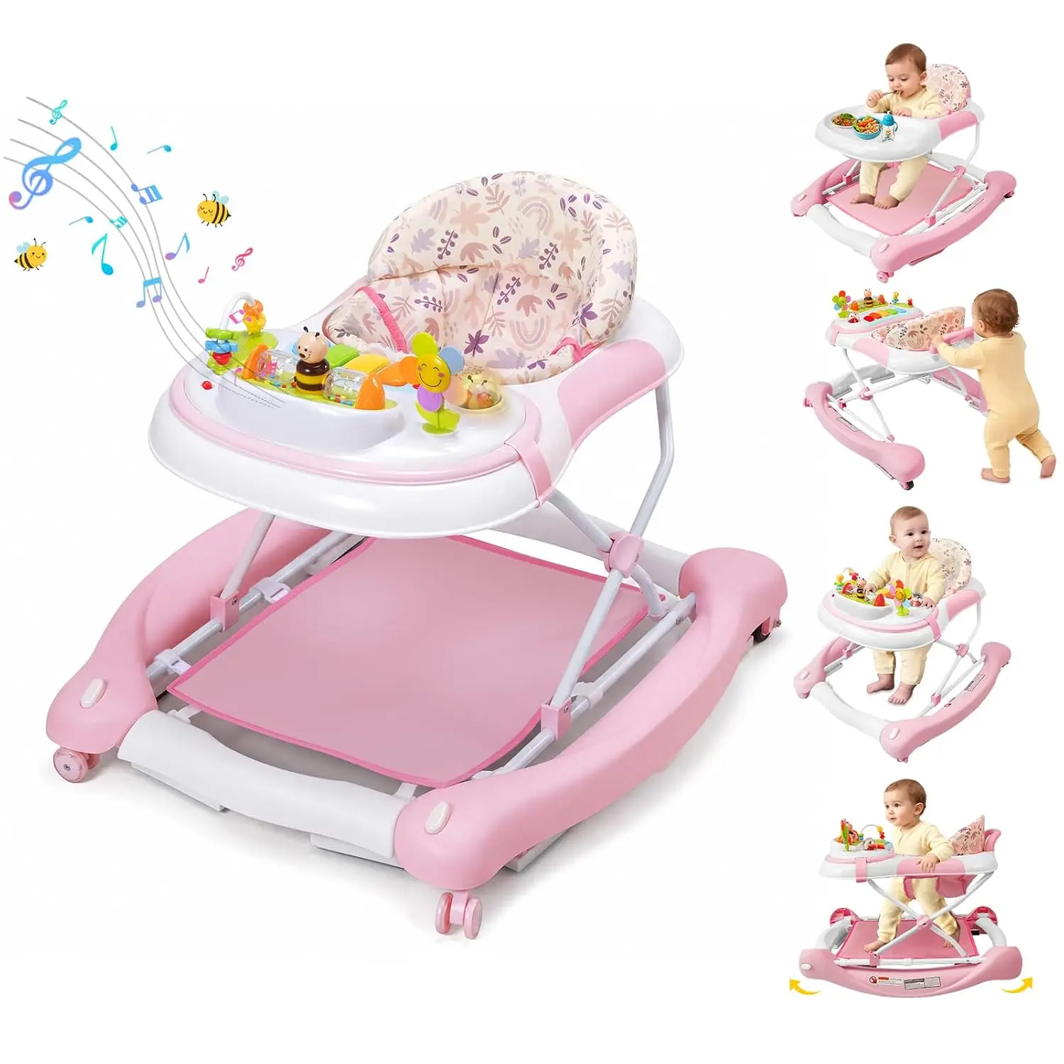 Lerrutue 5 in 1 Baby Walker, Music and Lights Foldable Baby Walker with Wheels, 3 Adjustable Heights, with Bouncer Combo, Rocker, Activity Walker for Baby Boy and Girl 6-18 Months
