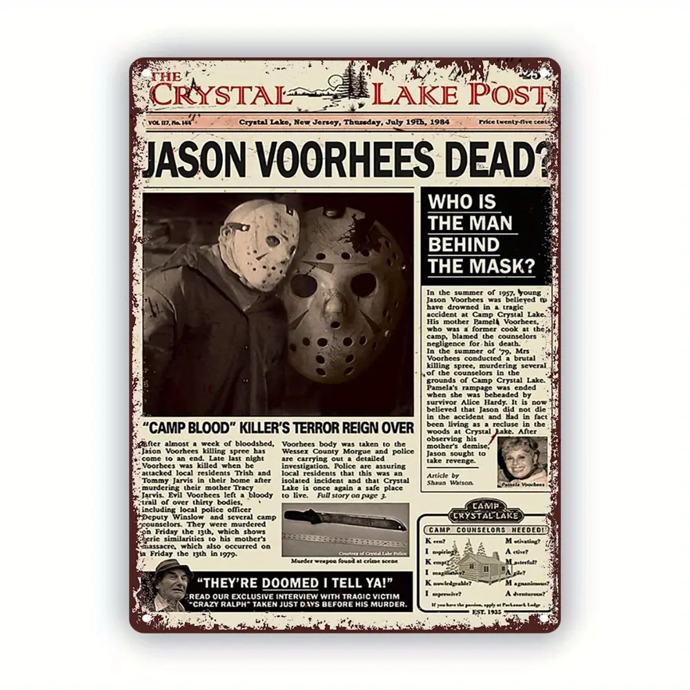 Jason Voorhees Vintage Cast Iron Wall Decor Sign - 8x12 in Classic Horror Movie Poster, Frightening Home Decoration Plaque with Iron Frame, Boasting Solid Presence