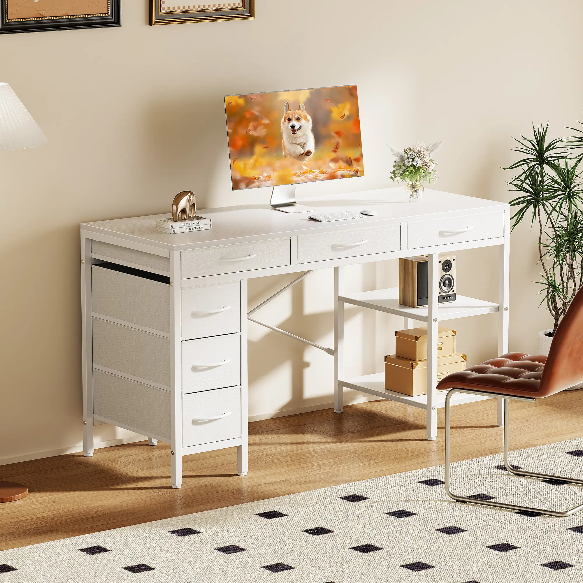 Modern Style 6-Drawer Wood Computer Desk with Storage Shelves, Sturdy Multi-Drawer Workstation for Home Office Gaming, Bedroom Writing Study, Drawers Desks, Modern Style Desks