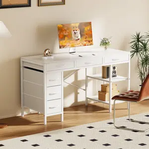 Sturdy Computer Desk with 6 Drawers and Storage Shelves, Wood Workstation for Home Office Gaming, Bedroom Writing Study Work Table