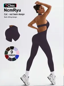 Women's Sporty Jumpsuit Backless Design, High Elasticity Quick-Dry Breathable Fabric, Slim-Fitting Above Ankle Fit, Plain Pattern, Backless Sports Jumpsuit