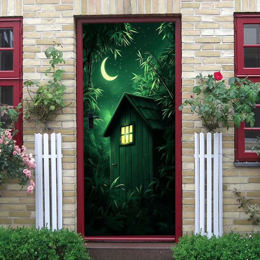 2pcs Dreamy Forest Cabin Wall Sticker, Moonlight Stars Night Bamboo Forest Decorative Decal, Self-Adhesive Wallpaper for Kids Room Bedroom Living Room, Green Natural Scenery Home Decor Sticker, Remo