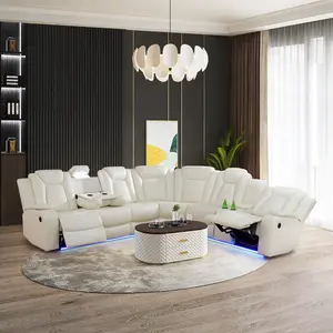 Summervibes 3-Piece Off-White Breathing Leather Modular Recliner Sofa Set, Modern Sleek Design, Power Reclining Upholstered Sectional, Cozy Indoor Living Room Ensemble for Brunch Photoshoots & Lazy Days, Modular Sofa Set