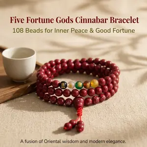108 Beads Mercury-Free Cinnabar Resin & Agate Bracelet - 5-Element Feng Shui 5 Gods Wealth Symbol, 54Cm / 21.26In Ethnic Traditional Chinese New Year Bracelets & Bangles for Executives' Career Growth & Cash Flow Meditation Jewelry