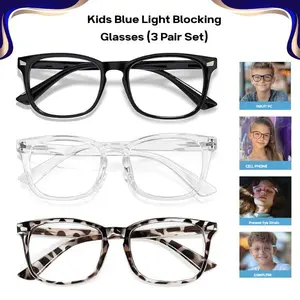 Kids Blue Light Blocking Glasses (3 Pair Set) for Boys & Girls, Unbreakable Anti-Glare Computer & Gaming Glasses for Screen Time Eye Protection, Teens & Kids