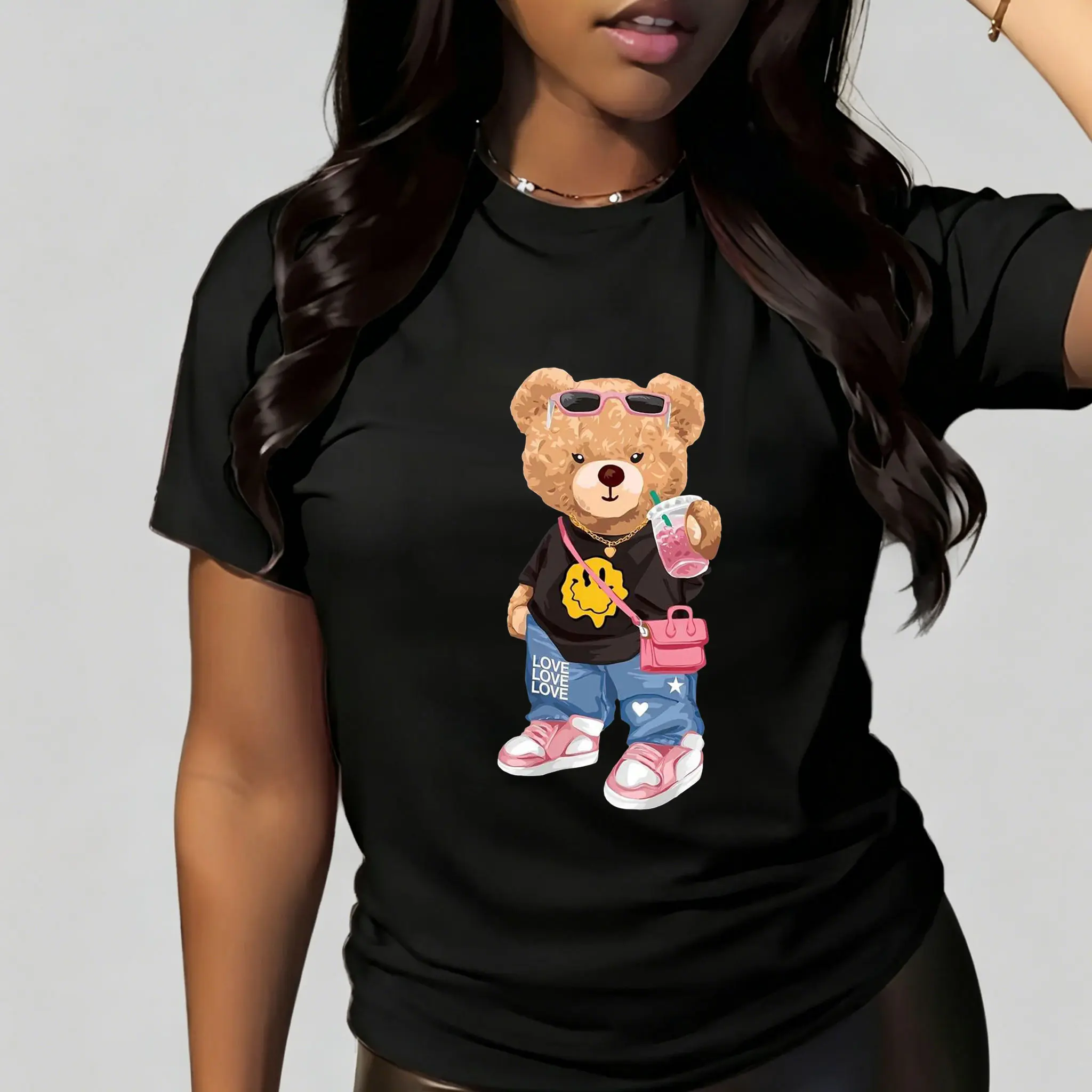 Kawaii Little Bear Graphic T-shirt for Women, Shortsleeve Cotton Crew Neck Streetwear, Machine Washable, Street Wear, Casual Chic Top, Loose-Fit, All Seasons, Tops, Tshirt, T Shirts For Women
