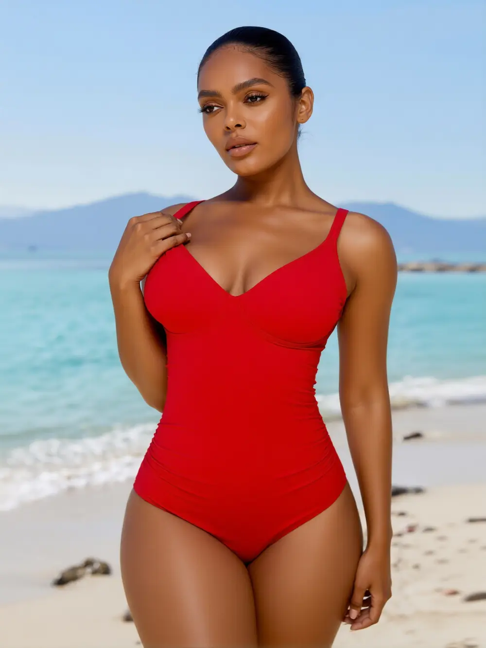 Women's 2026 Structured Red Fashionable Fitted 1-Piece Swimsuit - Plunge Neck, Polyamide Targeted Ruched Fabric, Adjustable Straps, Back Lace-Up, Pool & Beach Outfit, Fashionable Swimsuit, Fitted Swimwear