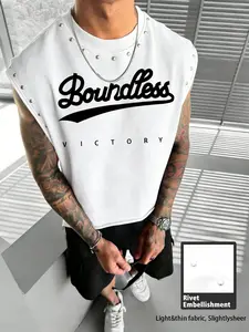Men's Letter Graphic Casual Fashionable Vest, Round Neck Rivet Design Wide Shoulder, Gym and Daily Use, Fashion Versatile, Simple Style