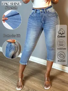 Women's Plus Size Capri Jeans Pants, High Waist Fitted Denim, Stretchy Comfortable, Casual Everyday Summer Streetwear, Breathable Perfect Fit