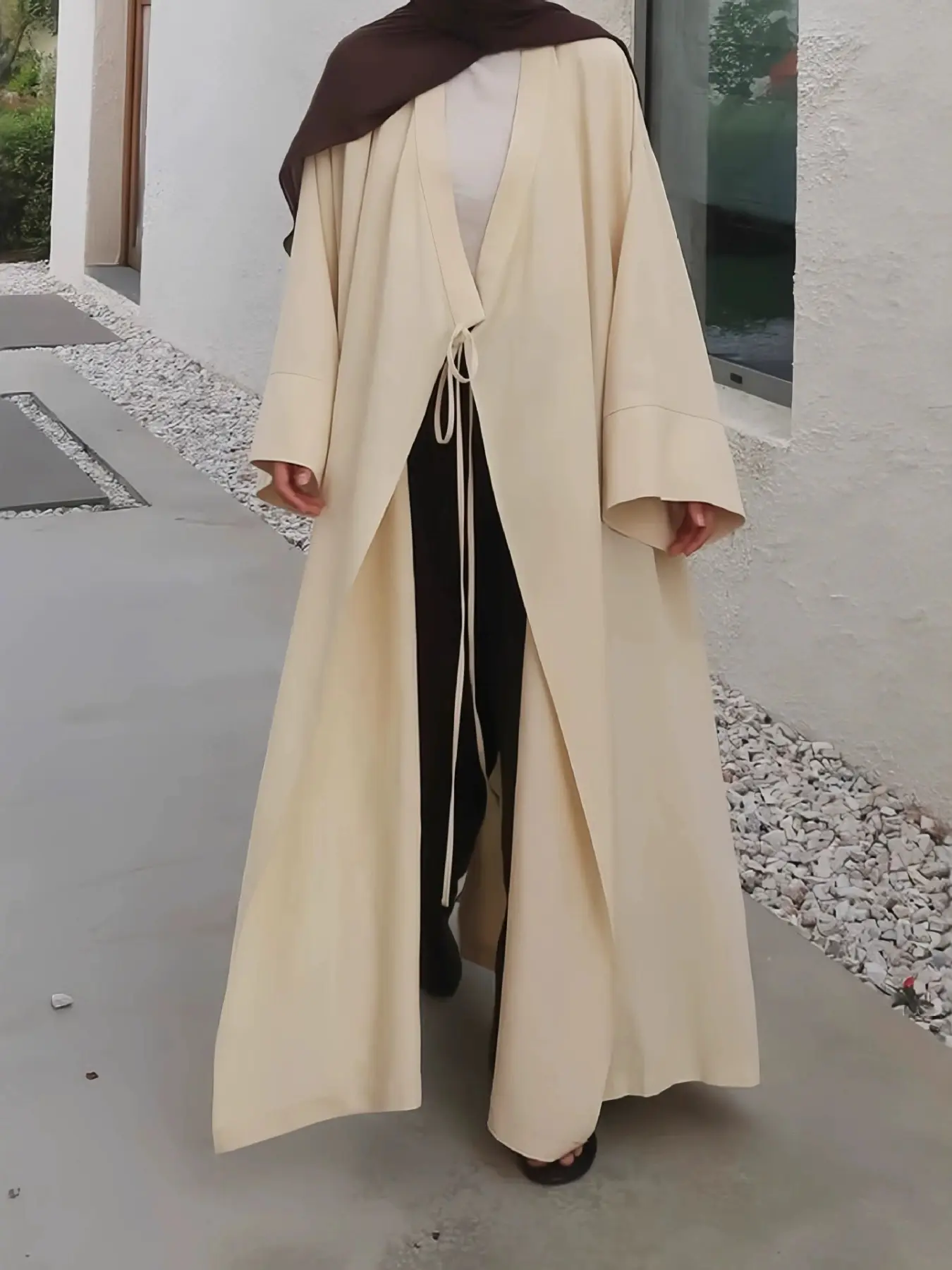 Women's Muslim Modest Open Front Long Sleeve Belted Loose Fit Relaxed Cardigan, Elegant Dubai Islamic Casual Robe, No Headscarf Included