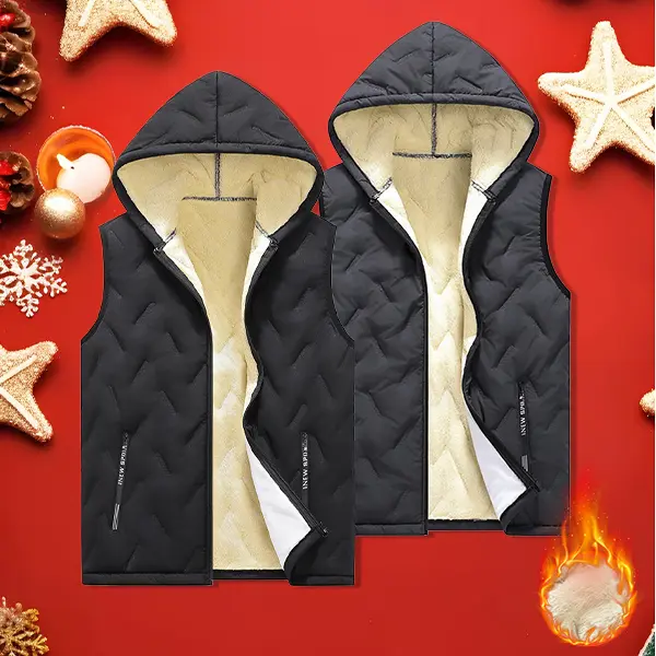 Men's Thick Casual Fleece Waistcoat Set (2 Pack), Unisex Dual-Use Hooded Sleeveless Jacket, Ultra-Warm Plush Sherpa Interior, Wind-Resistant Smooth Outer Shell, Oversized Cut for Layering Over Sweatshirts, Fabric